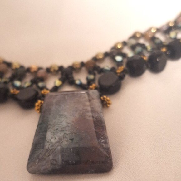 Artisan Dark Agate and Iridescent Crystal Bead Collar Necklace with Gold Accents - Picture 2 of 7
